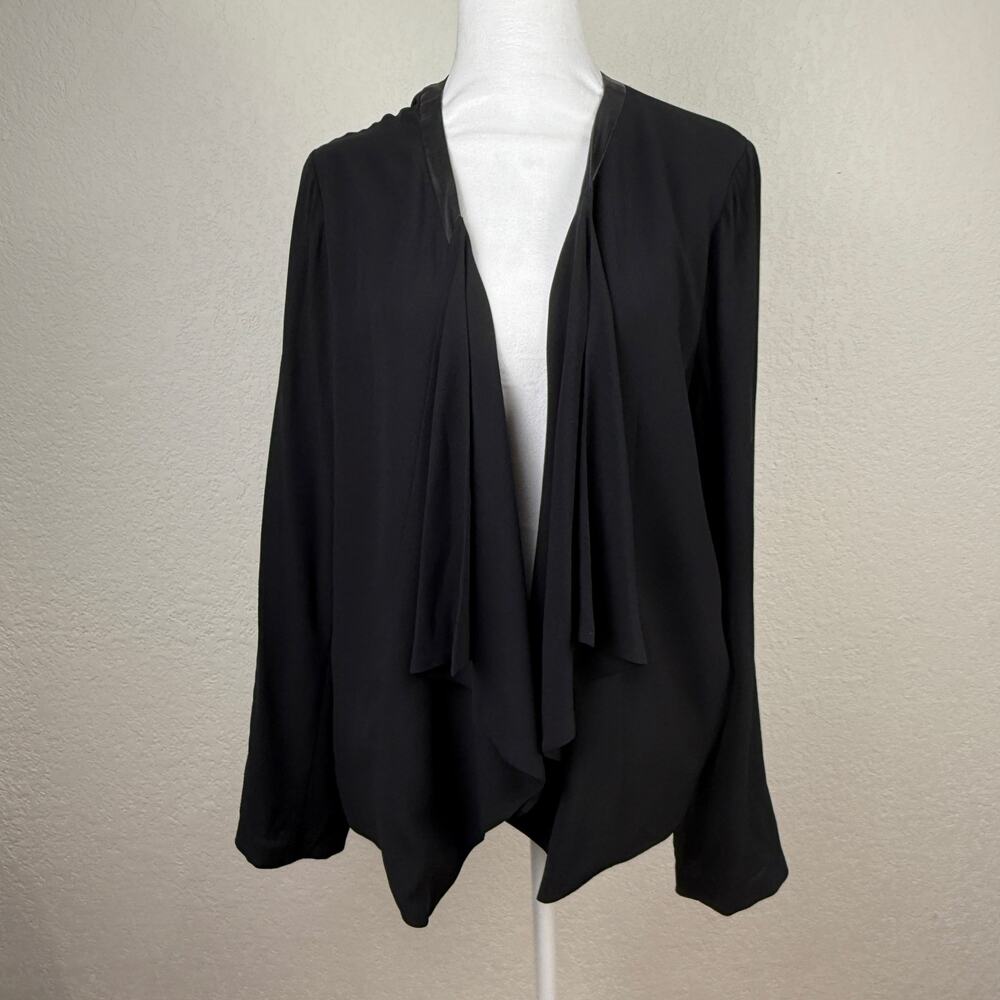 Eileen Fisher 100% Silk Crepe Leather Trim Jacket Black Button Sleeve Women’s XL